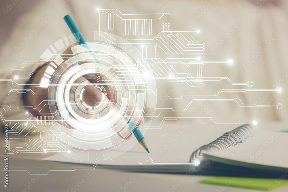 Double exposure of woman's hands on background with technology and digital coding icons. Data development concept. Close up. Double exposure of woman's hands on background with technology and digital coding icons. Data development concept. Close up.