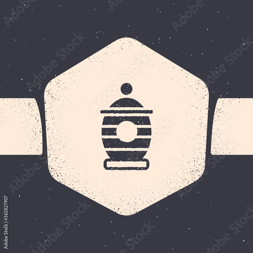 Grunge Funeral urn icon isolated on grey background. Cremation and burial containers, columbarium vases, jars and pots with ashes. Monochrome vintage drawing. Vector.