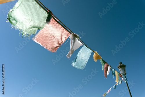 Tibet and Buddhist are praying falgs. Pray flag in a Tibetan temple in Barcelona, situated in the Garraf. photo