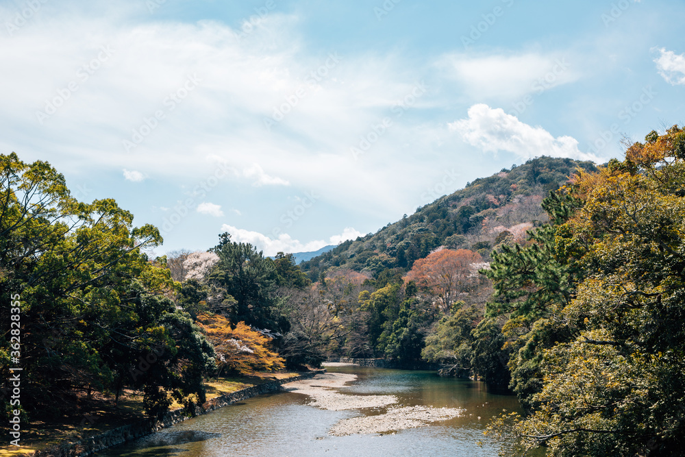 Isuzu River and mountain at spring in Ise, Mie, Japan