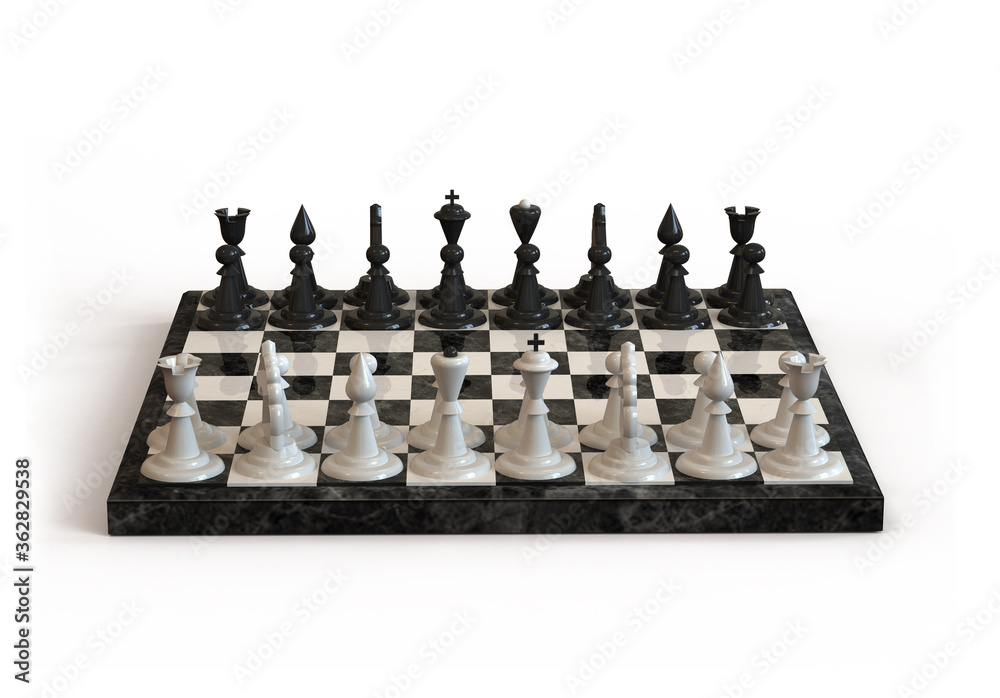 Chess Board with white and black chess pieces on white background. 3 D illustration. Chess Board with white and black chess pieces on white background. 3 D illustration.