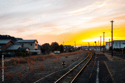 Futaminoura countryside village and railroad at sunset in Ise, Mie, Japan
