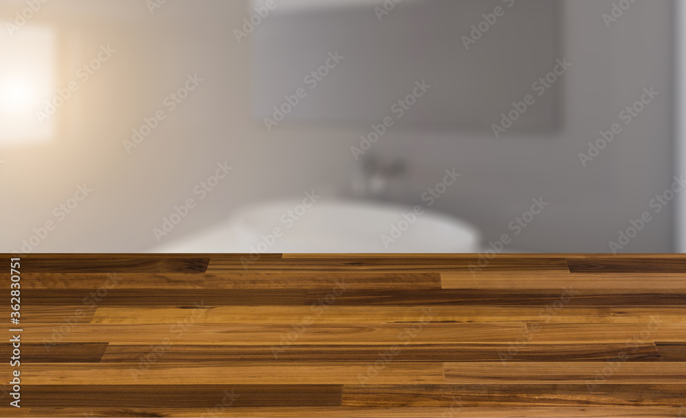 Obraz premium blurred interior on a wooden table background.Modern bathroom including bath and sink. 3D rendering.. Sunset.