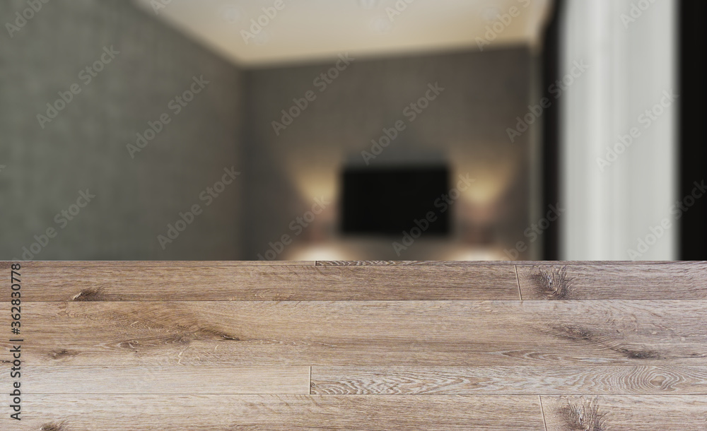 blurred interior on a wooden table background.The interior of the living room in a minimalist style. Black curtain with tulle on a large window. comfortable chairs for watching TV. 3D rendering blurred interior on a wooden table background.The interior of the living room in a minimalist style. Black curtain with tulle on a large window. comfortable chairs for watching TV. 3D rendering