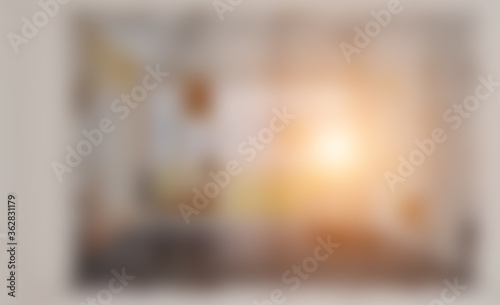 Unfocused, Blur phototography. View of the glass partition of the office room 3D rendering. Sunset. mockup