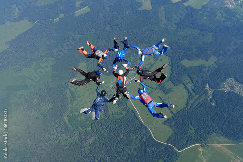 Skydiving. Formations. A group of skydivers is in the sky.