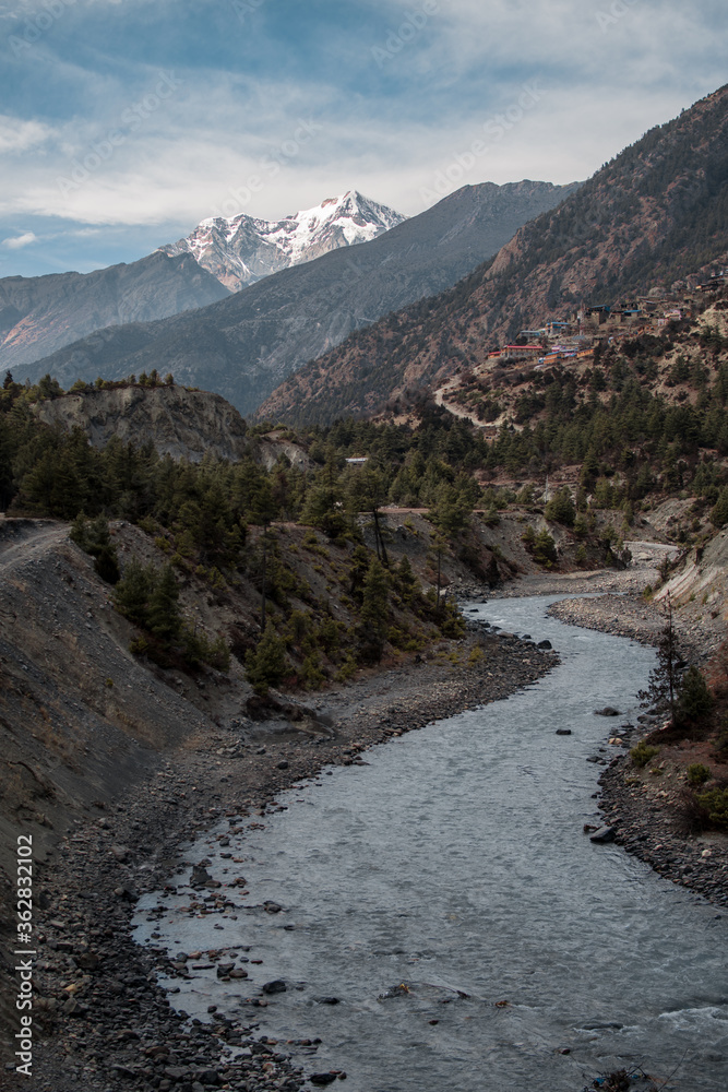 Marshyangdi river valley by Upper Pisang village and surrounding mountains, Annapurna circuit, Nepal Marshyangdi river valley by Upper Pisang village and surrounding mountains, Annapurna circuit, Nepal