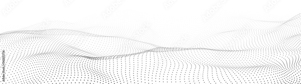 Abstract gradient dynamic wave of particles. Network of bright points or dots. Big data. Digital background. Vector - obrazy, fototapety, plakaty 