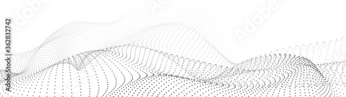 Abstract gradient dynamic wave of particles. Network of bright points or dots. Big data. Digital background. Vector