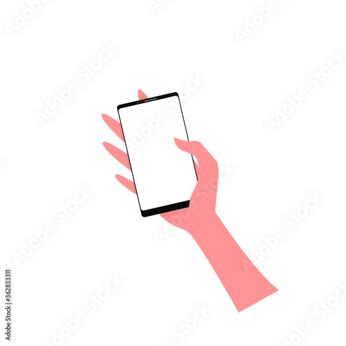 A hand holds a phone with a blank, clean, white monitor, screen. Vector illustration, flat cartoon design isolated on white background, eps 10.