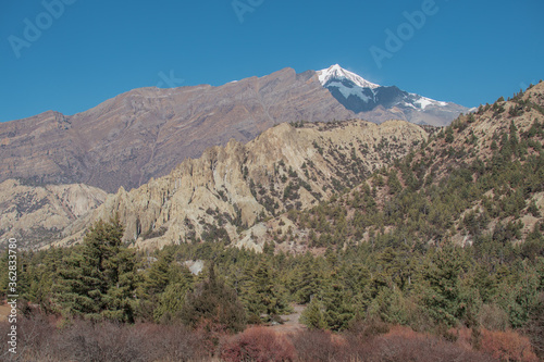 Mountains trekking Annapurna circuit, Marshyangdi river valley, Nepal photo