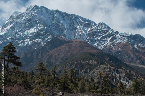 Mountains trekking Annapurna circuit, Marshyangdi river valley, Nepal