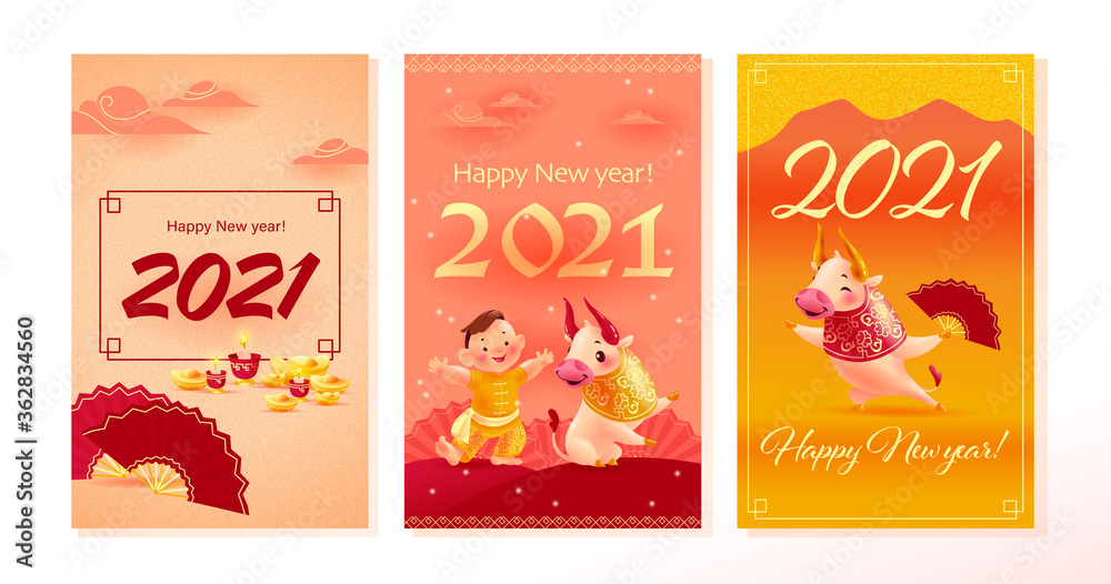 Chinese new year congratulation card, invitation, calendar design with traditional decor elements and oriental animal bull mascot and boy character in hanfu suit. Vector realistic flat illustration.
