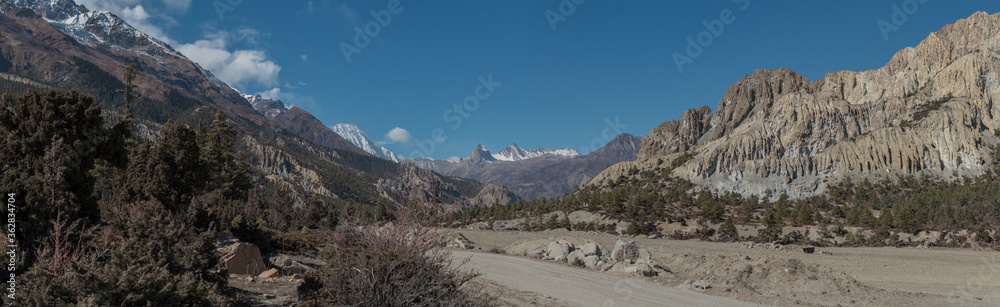 Panorama of mountains trekking Annapurna circuit, Marshyangdi river valley, Annapurna circuit, Nepal