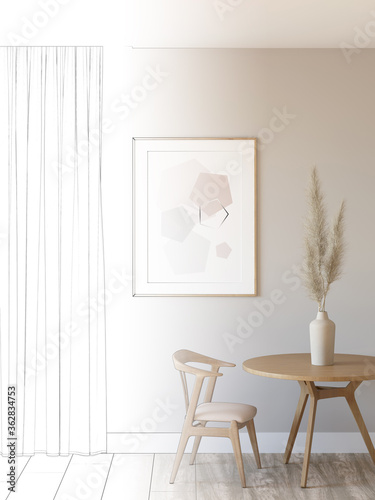 The sketch becomes a real dining room with a vertical poster over a round wooden table with dried flowers in a vase  a window with a cotton curtain. Mockup poster. Front view. 3d render