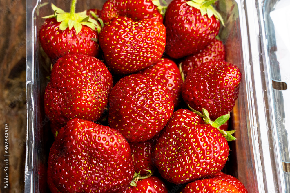 close-up of Plastic container with ripe strawberries. The plastic box is full of fresh strawberries during strawberry picking season in Ukraine.