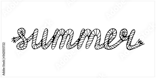 Summer, lettering with hawser, hand drawn vector illustration