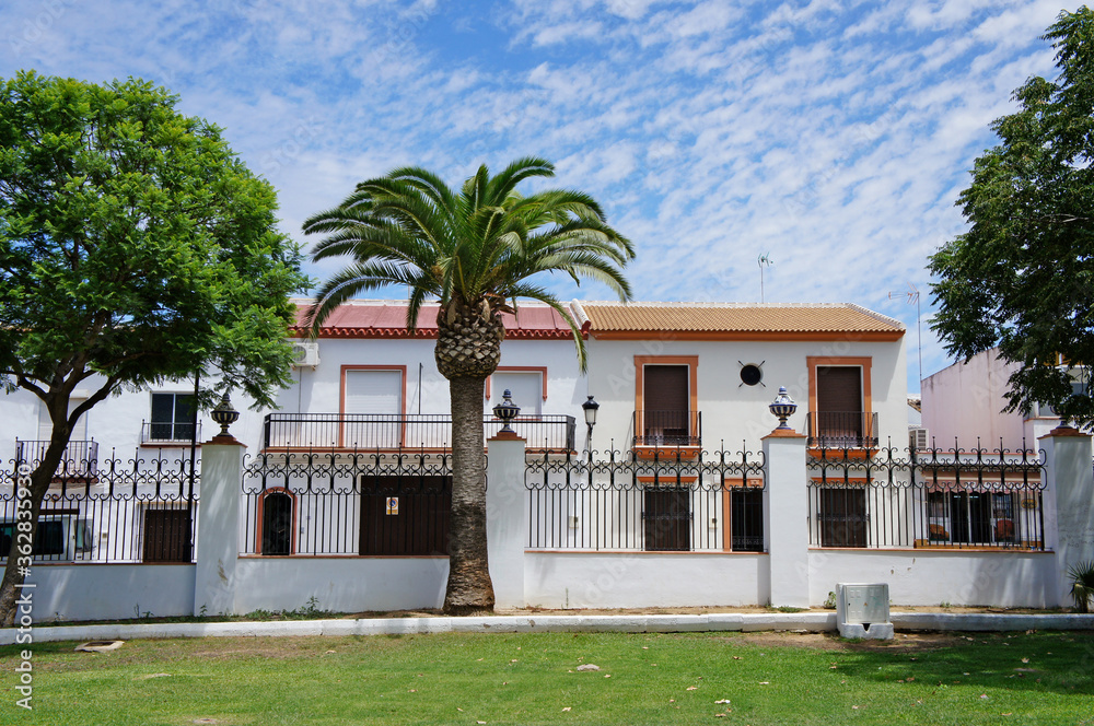 Reihenhäuser Immobilien mit Palme und Zaun - Almonte/Andalusien/Spanien/Europa
