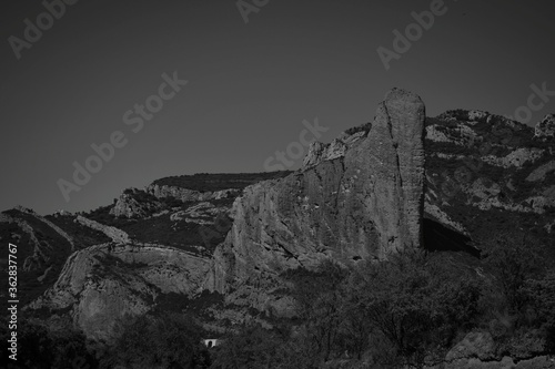 A mountain in black and white 