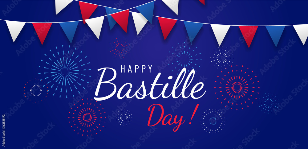 Happy Bastille day greeting card or banner design with text and fireworks illustration, with flags on blue dark background. - Vector