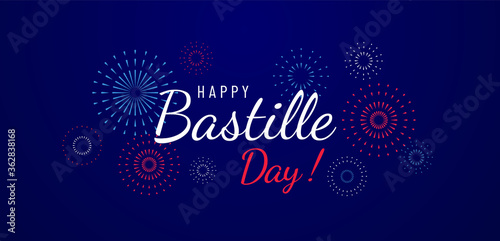 Happy Bastille Day greeting card design with fireworks illustration on blue background. National holiday in France. - Vector