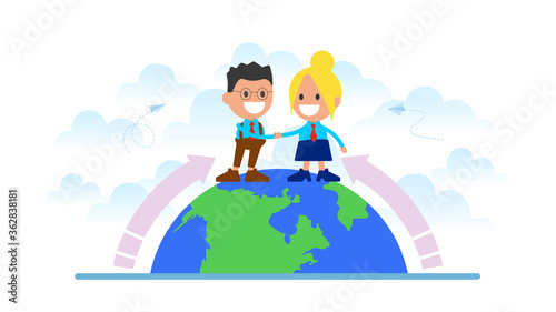 Businessmen shaking hands at the globe. Global Cooperation.
