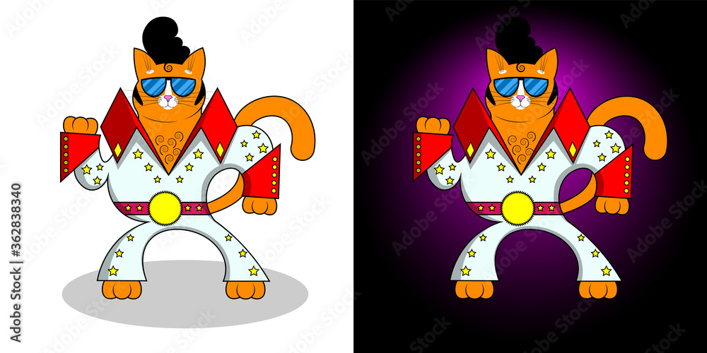 A cute cartoon red fat cat, kitty is standing straight, in a suit, glasses and a stylish retro hairstyle. Vector