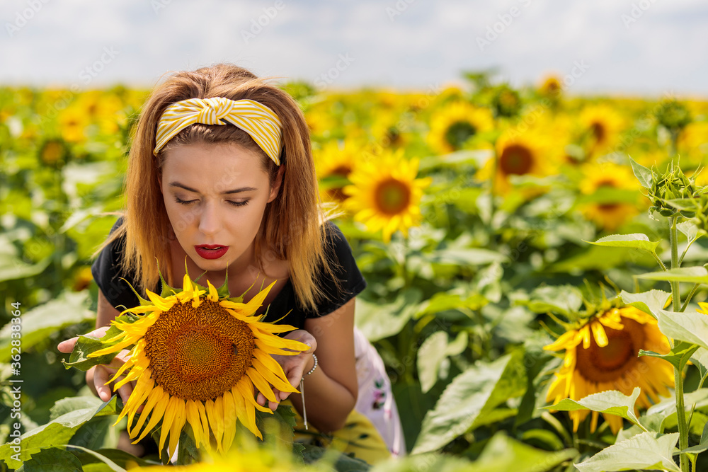 Pretty young woman on a sunflowers field Pretty young woman on a sunflowers field