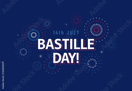 July 14, Bastille Day celebration in France. Greeting banner design for National Day in France with colorful fireworks on blue background. - Vector