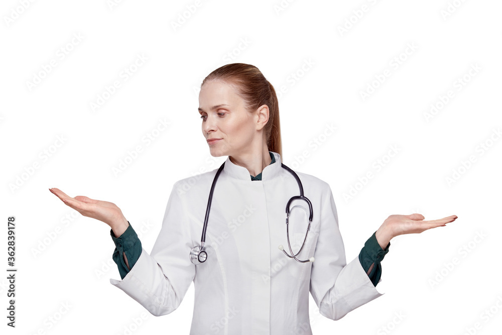 The young woman spread her arms to the sides. The concept of choosing a medicine The young woman spread her arms to the sides. The concept of choosing a medicine