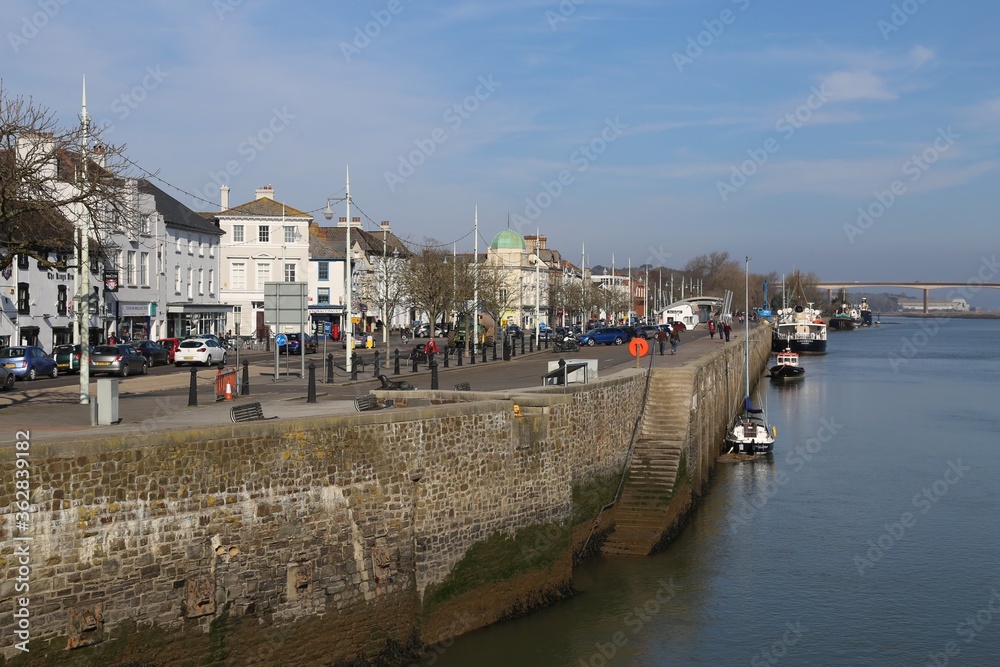 The historic harbour side shopping street and port of  Bideford, Devon, England.