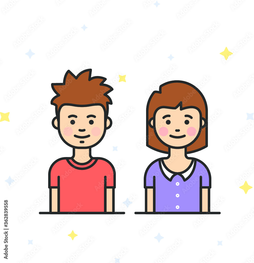 Boy and girl half-length portrait on white background with stars. Half body kids with short hair for website or app. Male and female avatars. Pixel Perfect. Vector Illustration. Boy and girl half-length portrait on white background with stars. Half body kids with short hair for website or app. Male and female avatars. Pixel Perfect. Vector Illustration.