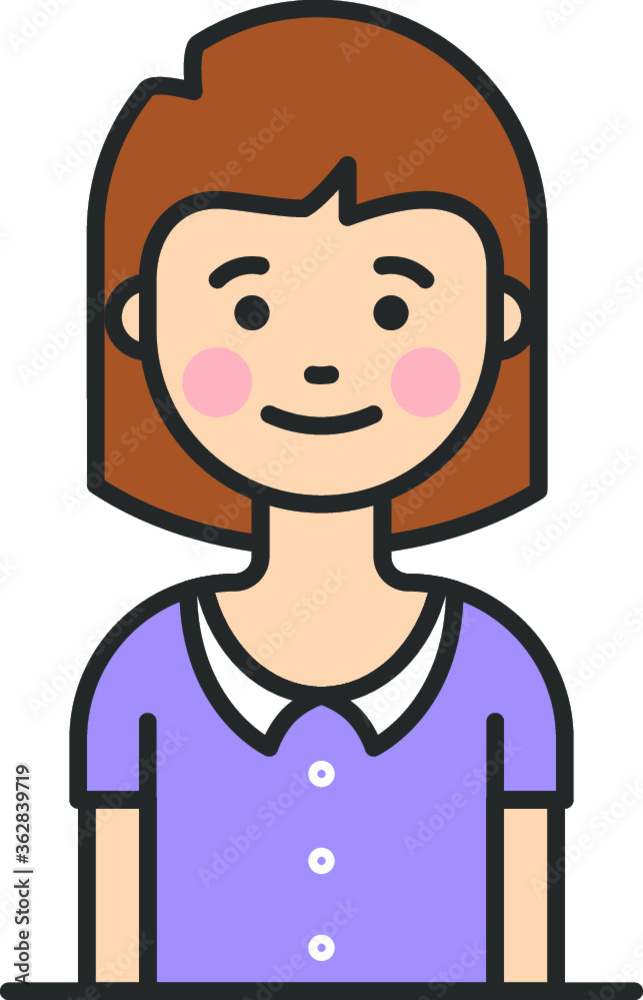 Cute girl portrait, on white background for text. Beautiful Kid with short hair. Simple Female avatar. Pixel Perfect. Vector Illustration.