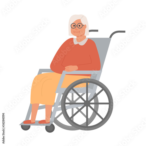 Modern elderly disabled woman in wheelchair. Old lady grandmother character on white background. Nursing home. Senior woman assisted living at hospital. Vector illustration.