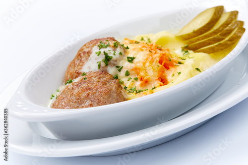 cutlet with mashed potato on white