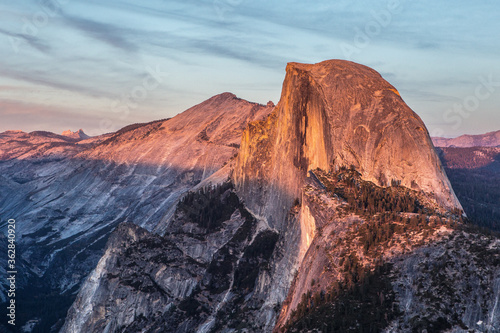 The half dome and Yosemite Valley at sunset, shot at glacier point in Yosemite National Park, California.