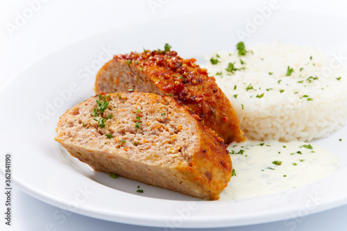 rice with cutlet on white