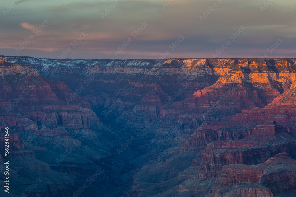 Grand Canyon at sunset, in Grand Canyon National Park, Arizona, winter time.