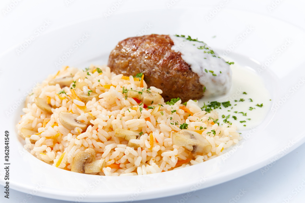 rice with cutlet on white