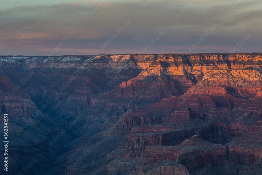 Grand Canyon at sunset, in Grand Canyon National Park, Arizona, winter time.