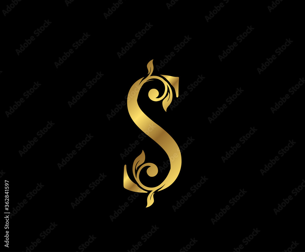 Fototapeta premium S Letter Floral Gold logo. Classy drawn emblem for book design, weeding card, brand name, business card, Restaurant, Boutique, Hotel.