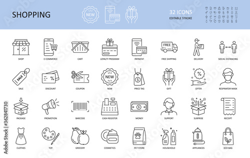 Vector icons of shopping, e-commerce. Editable Stroke. Shop delivery free shipping cart, loyalty program. Payment coupon sale money, cash register, discount. New gift package box support toy grocery