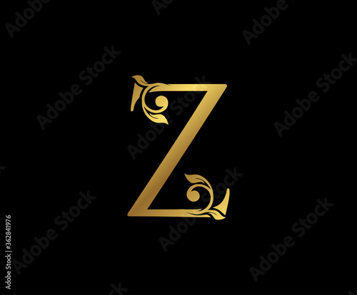 Z Letter Floral Gold logo. Classy drawn emblem for book design, weeding card, brand name, business card, Restaurant, Boutique, Hotel.