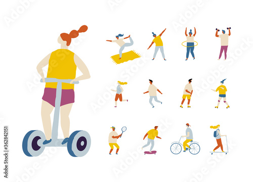 Fat Vector background people. Outdoor activity, healthy lifestyle- bicycle, yoga, skate, rollers, fitness, jogging, scooter, tennis, badminton, unicycle.