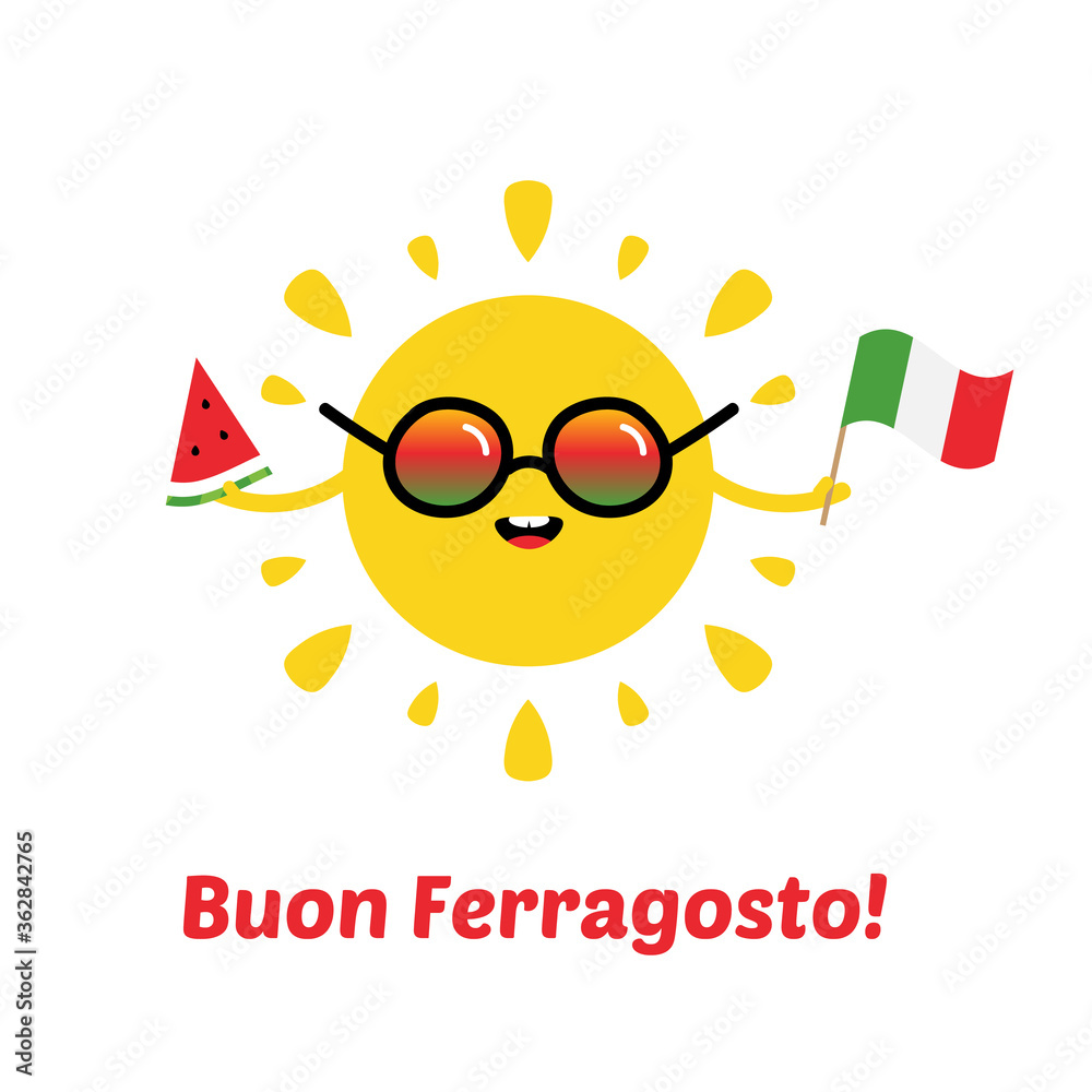 Buon Ferragosto vector illustration with cute sun character holding watermelon and flag for traditional italian august holiday.

