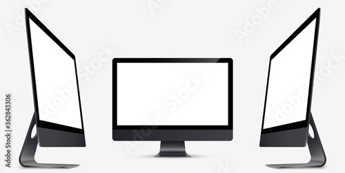 Mockup. Screen monitor display black colors on three sides with blank screen for your design. Realistic vector illustration.