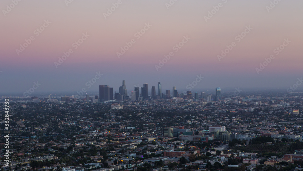 The skyline of Los Angele at sunset.