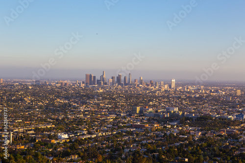 The skyline of Los Angele at sunset.