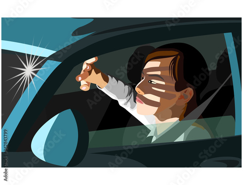 A lady car driver being blinded by high beam of other vehicle at night