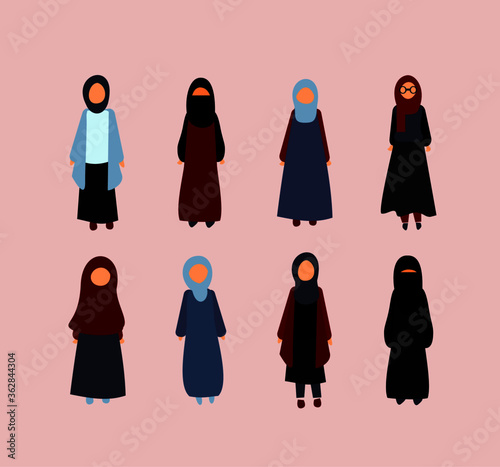 set of Muslim women in various countries, Muslim women's clothing, style, lifestyle muslim women